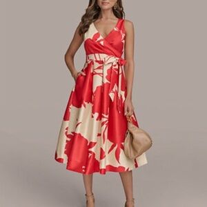 Donna Karan Red and Cream Floral Midi Dress
